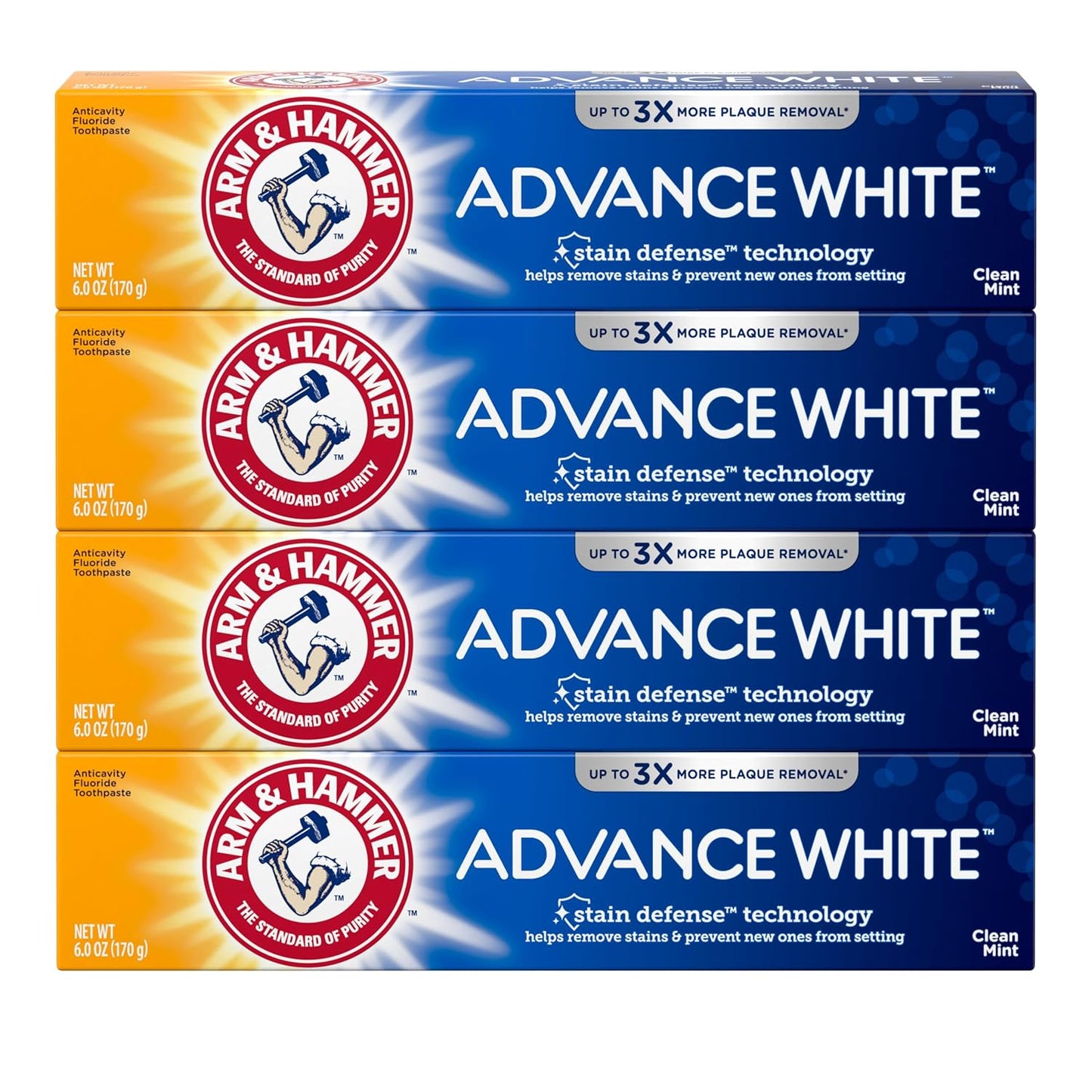 ARM & HAMMER Advance White Toothpaste, Teeth Whitening Baking Soda Toothpaste with Stain Defense Technology and Fluoride, Clean Mint Flavor, 6.0 Oz (4 Pack)