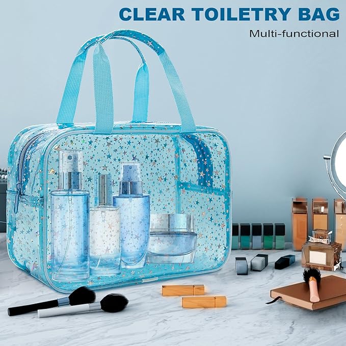 Clear Blue Star Large Makeup Bag with Star Pattern 12x5x8 inch, Travel Cosmetic Bag with Handle, Durable PVC Material Washbag Zipper Opening Design for Makeup Travel Organizer or Gym Use