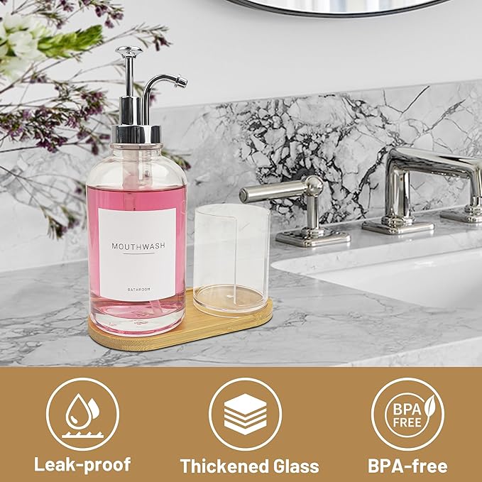 17OZ Mouthwash Clear Glass Pump Dispenser with Disposable Mouthwash Cups Holder Refillable Clear Container with Bamboo Tray, Mouthwash Labels