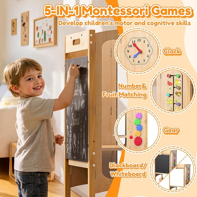 FlyingBoom Foldable Toddler Tower, Kitchen Stool Helper with 2 Step Stool, Toddler Standing Tower for Kids with Safety Net, Adjustable Height, Chalk-Whiteboard &Montessori Activity Games