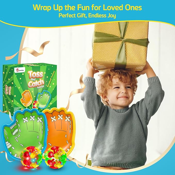 punkdog LED Toss and Catch Ball Game Set - 1 LED and 1 Regular Suction Cup Ball with 2 Easy-Grip Gloves - Beach Sports Toys for Kids - Outdoor Games for Backyard or Park - Christmas for Kids