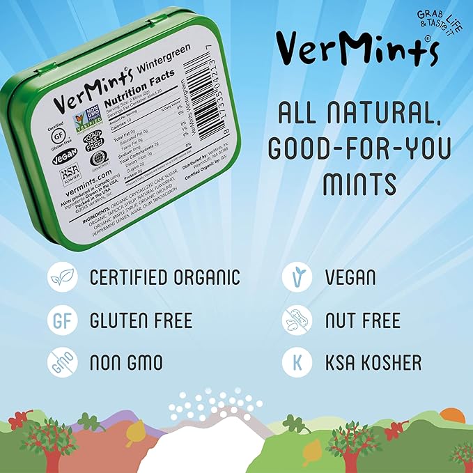 VerMints Organic Breath Mints Wintergreen - Real Long-Lasting Refreshment, Travel Size Tin - Non-GMO, Vegan, Nut Free, Gluten Free & Kosher Organic Candy Mints- 1.41oz Tins (Pack of 6)