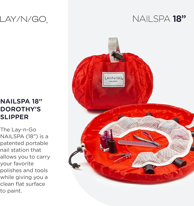 Lay-n-Go NailSpa Drawstring Cosmetic Bag - Portable Nail Supplies Organizer Bag w/ 8 Elastic Mesh Pockets & Circular Center - Durable, Machine Washable Nail Kit Organizer (18", Red)