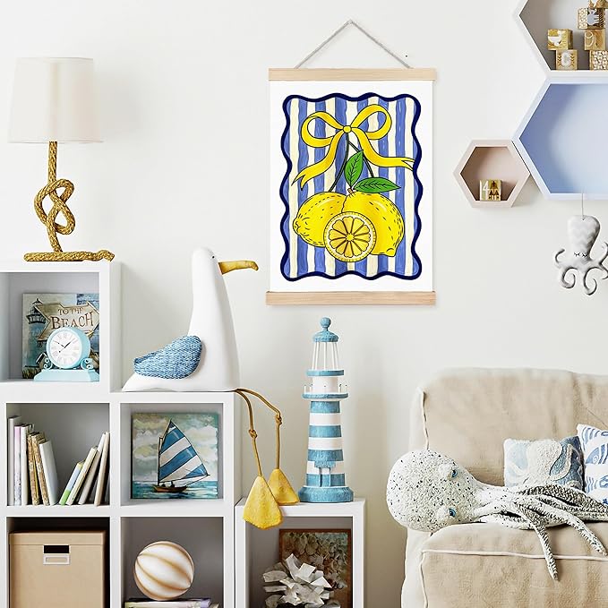 FDHSPAAM Coquette Yellow Bow Lemon Wall Art Decor, Lemon Home Decor, Blue and White Striped Fruit Wall Art Posters for Kitchen Dining Room Living Room Home, 12x16 Inch