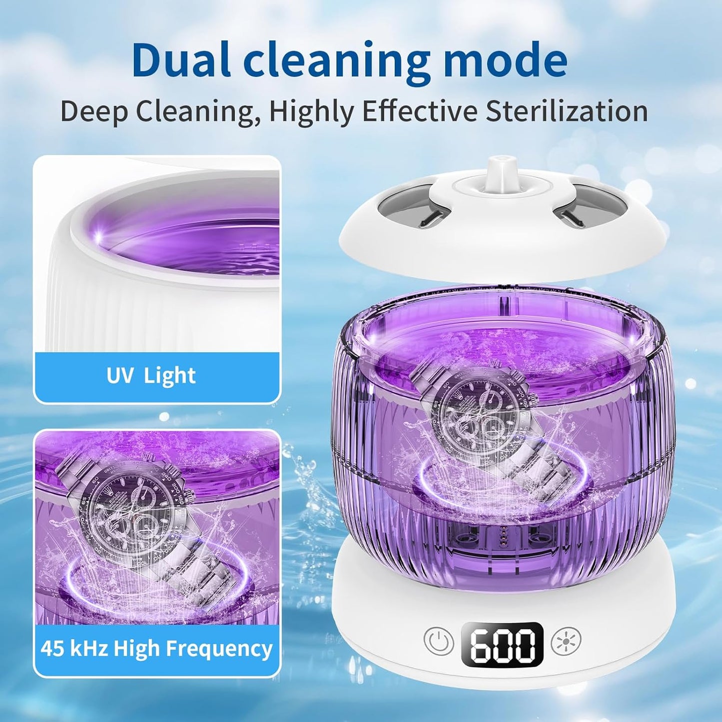 2025 Upgraded Ultrasonic Retainer Cleaner Machine,Separate Retainer Cleaner for Night Guards, Braces, Aligner, Jewelry, 4 Modes Denture Cleaner & Removable Base and Top Cover(White)