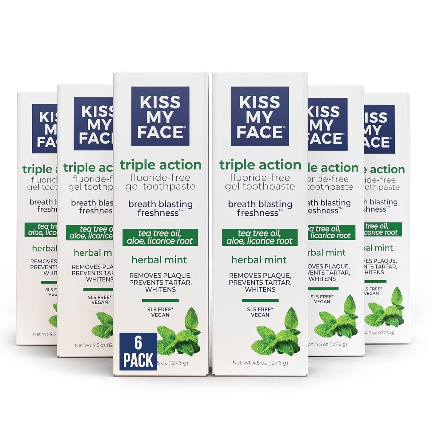 Kiss My Face Triple Action Toothpaste Gel, Herbal Mint Flavor, Removes Plaque, Whitens Teeth, Prevents Tartar, with Tea Tree Oil and Aloe, Fluoride Free, Vegan, 4.5 oz, 6 Pack