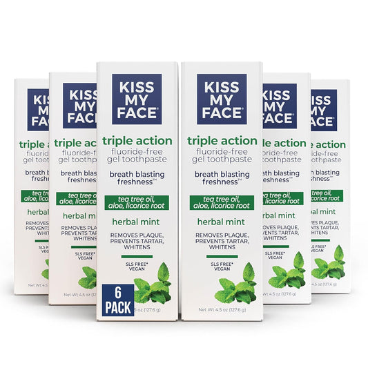 Kiss My Face Triple Action Toothpaste Gel, Herbal Mint Flavor, Removes Plaque, Whitens Teeth, Prevents Tartar, with Tea Tree Oil and Aloe, Fluoride Free, Vegan, 4.5 oz, 6 Pack