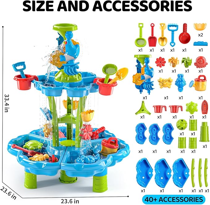 Water Table for Toddlers 1-3 & Kids 3-5 Outdoor Splash Pond & Sand Play Set with 3-Tier Water Table Rain Showers & Sensory Playset Activities – Summer Toys Birthday Gift for 3 4 5 6+ Years Old
