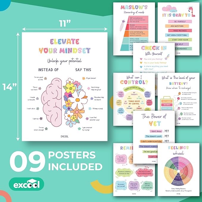 EXCOOL CLUB 9 Pcs Colorful Growth Mindset Posters - Pastel Motivational Posters For Classroom Decorations, Positive Affirmation Wall Art, Teacher Supplies For Classroom Elementary, Middle School