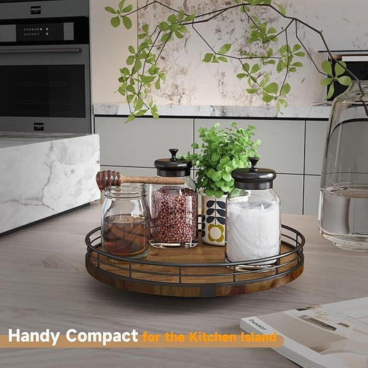 Farmhouse Oak 10" Lazy Susan Turntable Organizer for Cabinet, Round Wooden Lazy Susan Organization and Storage for Dining Table, Pantry, Kitchen, Countertop, Cupboard,Home Decor, Walnut Wood