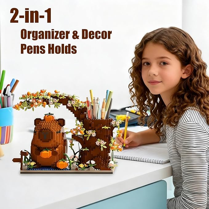 Capybara Building Blocks Set -1880PCS Cute Animals & Flowers Building Bricks Kit Kawaii Capybara Gifts Toy for Kids Age 12+, Capybara Stuff Pen Holder&Desk Organizer, Arts &Crafts for Boys Girls Adult