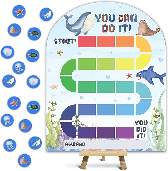 Under The Sea Reward Chart, Behavior Chart for Kids at Home, Wooden Incentive Chart Signboard with 24 Tokens, Ocean Animals Themed Sticker Charts Classroom Essentials -03