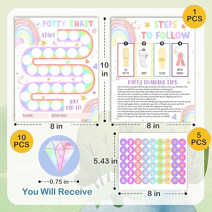 Potty Training Chart, 10 Potty Training Reward Chart for Toilet Success, 8"x10" Boho Rainbow Routine Calendar with Stickers for Toddler Girls - A11