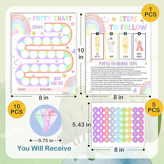 Potty Training Chart, 10 Potty Training Reward Chart for Toilet Success, 8"x10" Boho Rainbow Routine Calendar with Stickers for Toddler Girls - A11