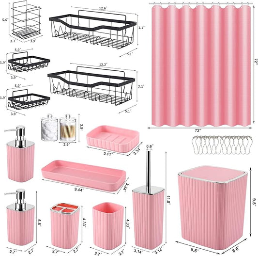 28PC Bathroom Set - Gorgeous Pink Bathroom Set, Bathroom Accessory Set, Pink Shower Curtain Set with 5PC Shower Caddies