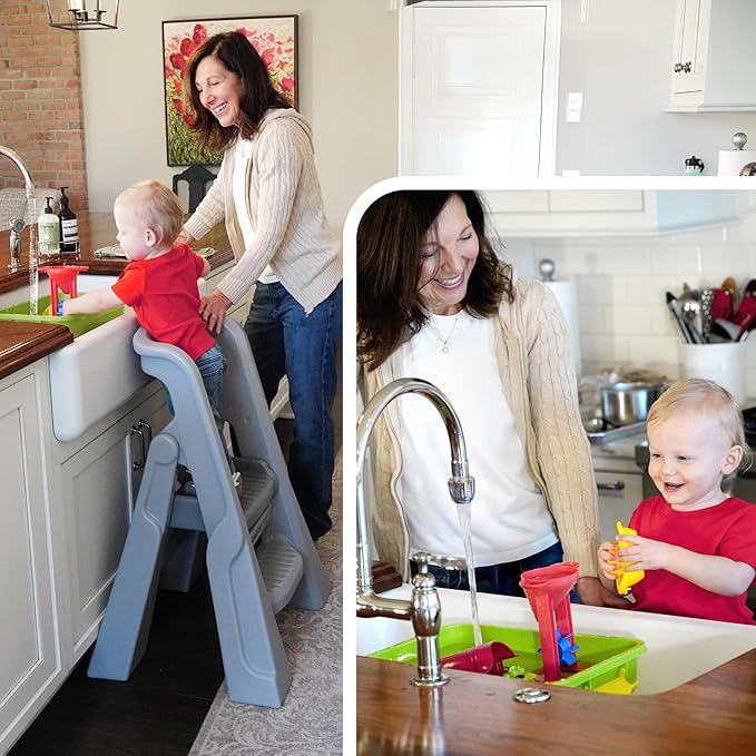 Simplay3 Toddler Tower, Montessori Folding Kids Step Stool for Kitchen, Bathroom, 34” x 21.5" x 20”, Ages 18 Months to 4 Years, Gray