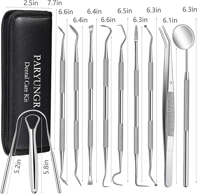 11 Pack Dental Tools PARYUNGR Teeth Cleaning Tool Kit, Stainless Steel Tongue Scraper Tartar Plaque Remover Tooth Cleaner Dental Floss Picks Mouth Mirror, Professional Oral Care Hygiene Set with Case