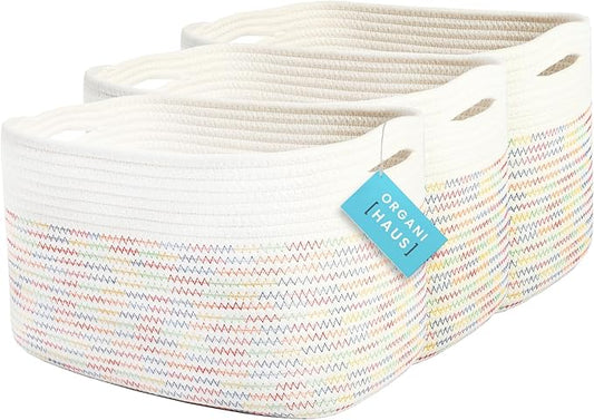 OrganiHaus Set of 3 Woven Storage Baskets for Shelves, Decorative Organizer Bins for Closet & Bathroom, Multipurpose Home Organization Baskets, Toy Storage Basket - Rainbow Stitches 15x9x10 inches
