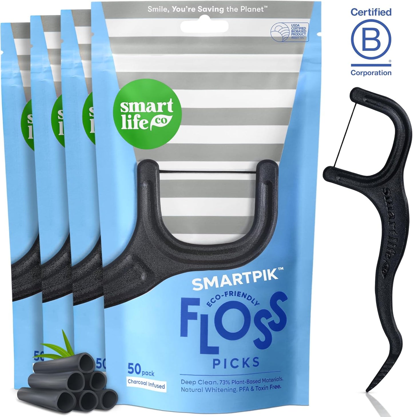 SmartLifeco Eco-Friendly Dental Floss Picks (200ct) - Flossers Made with Straw Wheat Blend, Natural Teeth Whitening, Tooth Pick Stick for Adults, Soft on Gums, Activated Bamboo Charcoal Floss Thread