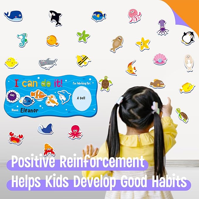 “I CAN DO IT” Token Board, Magnetic Reward Chart with 30 Animal Magnets, Sea-Themed Reward System Board, Incentive Chart for Good Behavior and Responsibility, Great for Toddlers, Kids, Students