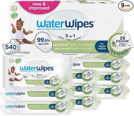 WaterWipes Sensitive+ Baby & Toddler Wipes, 3-In-1 Cleans, Cares, Protects, 99.9% Water, Textured Clean, Unscented & Hypoallergenic, 540 Count (Pack of 9)