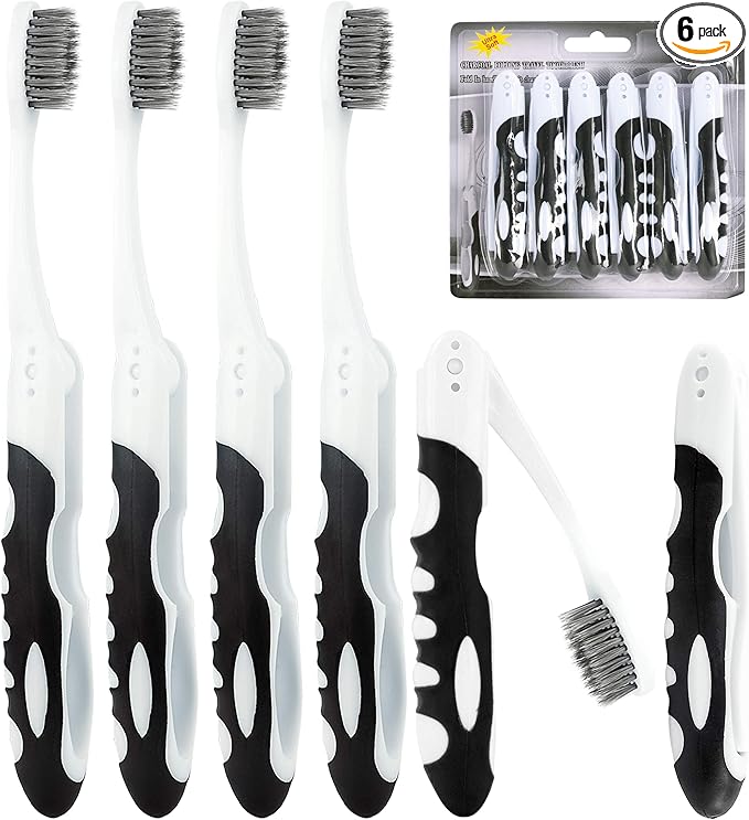 Lingito Folding Toothbrush with Built-in Cover - Travel Size, Collapsible, Soft-Charcoal (6 Pack)