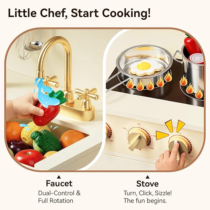 Play Kitchen for Kids with Rotating Design, Wooden Kids Kitchen Playset with Ice Maker, Toy Kitchen Set for Toddlers Girls Boys with Sink, Stove, Oven, Fridge, Microwave, Pearl White