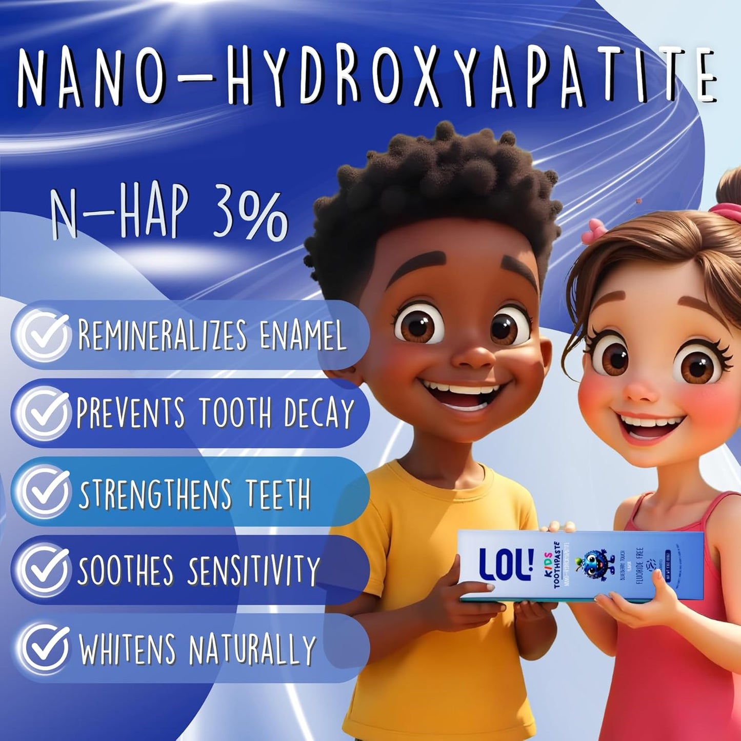 LOL Kids Toothpaste No Fluoride, Nano Hydroxyapatite Toothpaste, Probiotics, Xylitol Tooth Paste Kids | Remineralizing | Natural | Plant-Based Foam | Pasta De Dientes para Niños (Blueberry 3.5oz)