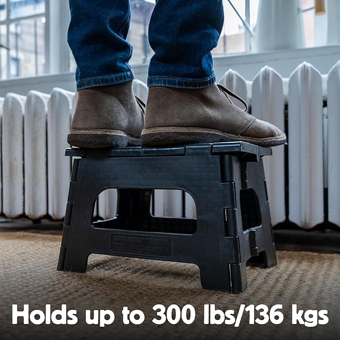 Kikkerland Rhino Foldable Step Stool – Holds Adults up to 300 Lbs, Best for Kitchen & Bathroom – Collapsible, Portable, Lightweight Stepping Stool with Sturdy, Non-Slip Design – Red, 8”