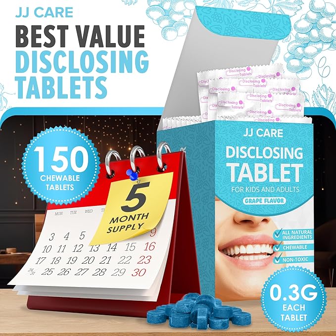 JJ Care Plaque Disclosing Tablets for Teeth - 150 Count, Individually Wrapped Plaque Disclosing Tablets for Kids Brushing Teeth, Grape Flavored Plaque Remover, Dental Care for Brushing