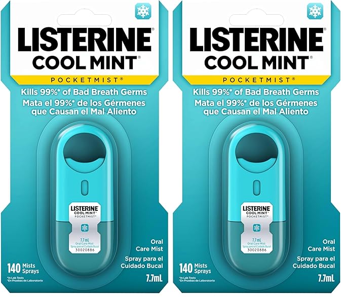 Listerine Cool Mint Pocketmist, Oral Care Mist for Fresh Breath, Non-Aerosol Sugar-Free Bad Breath Refresher Spray to Kill 99% of Bad Breath Germs, Portable, Cool Mint Flavor, 2 Sprays