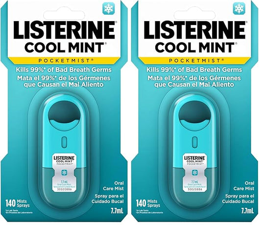 Listerine Cool Mint Pocketmist, Oral Care Mist for Fresh Breath, Non-Aerosol Sugar-Free Bad Breath Refresher Spray to Kill 99% of Bad Breath Germs, Portable, Cool Mint Flavor, 2 Sprays