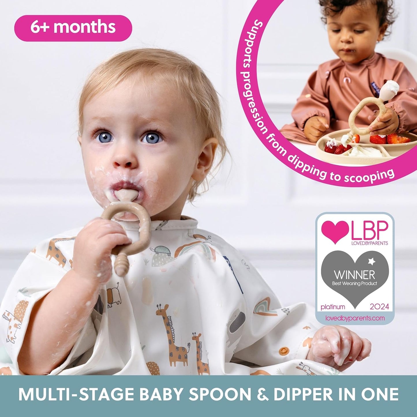 Bibado - Dippit Baby Spoon and Dipper, Fawn (2-Pack) - Soft, Chewable Dipper & Deep Spoon - Two-Hand, Sensory Grip - Toddler Utensils - Baby Led Weaning Supplies - Baby Essentials - 6 Months+