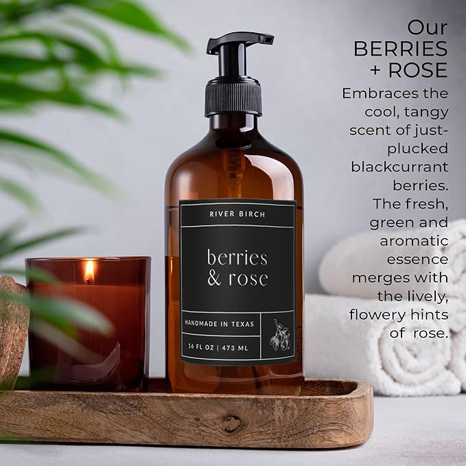 River Birch Berries & Rose Scented Natural Hand Soap - Handmade Soap - Moisturizing Hand Wash with Amber Dispenser - Luxury Scented Hydrating Hand Soap - Vegan and Non Toxic - 16 Fl Oz