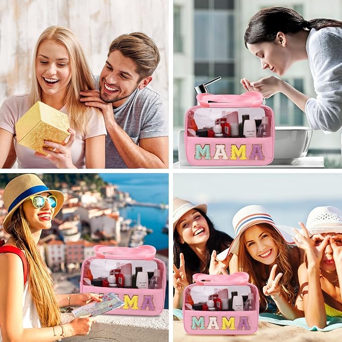 Iqimott Chenille Letter Patch Mama Bag, Preppy Clear Makeup Cosmetic Bag Large Toiletry Storage Tote Bag with Handle, Transparent Nylon Waterproof Organizer Zipper Pouch for Travel Women Girls(Pink)