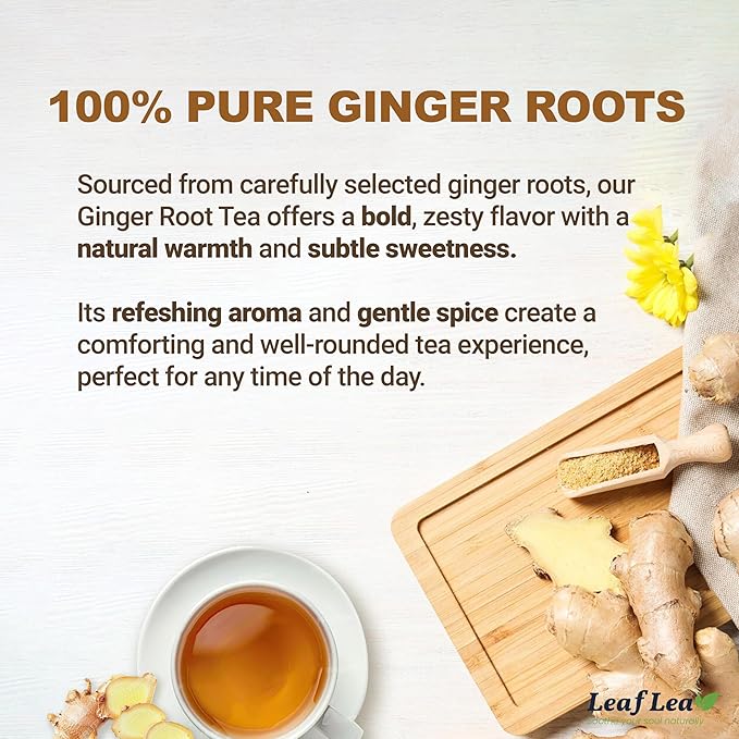 LeafLea 120 Ginger Tea Bags, 100% Pure Ginger Root Herbal Tea, Spicy & Warming Flavor, Supports Digestion & Immune Health, Individually Wrapped, Caffeine-Free, Sugar-Free, Gluten-Free, Non-GMO, Vegan