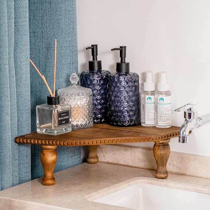 Wood Corner Counter Shelf Framehouse Decorative Tray Stand for Kitchen Bathroom Riser Organizer Coffee Bar Display Shelf with Detachable Legs (Lightbrown)