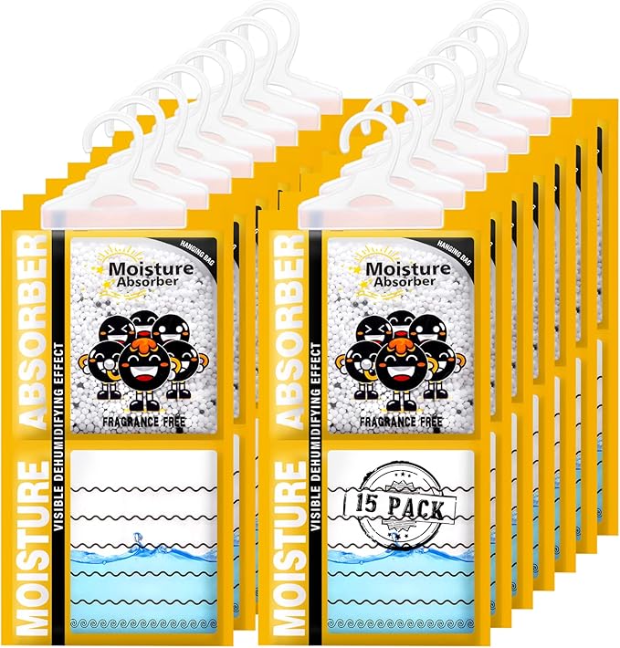 ZSZMFH 15 Pack Moisture Absorber & Max Odor Eliminator Hanging Bag, Charcoal Smell Remove Damp Musty Smell,Hanging Closet Dehumidifier Bags with 25g of Activated Charcoal (220g/pack) Yellow