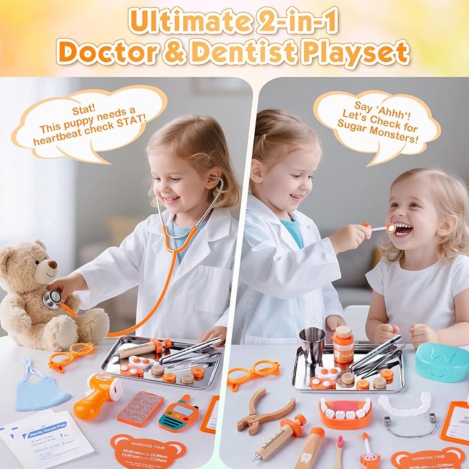 Doctor Kit for Kids, 33 Pcs Wooden Dentist Play Set for Toddler 3-5 with Real Stethoscope & Dental Tools, Pretend Playset Medical Toys Storage Bag Educational Role Play Doctor Toys Gift for Boys Girls