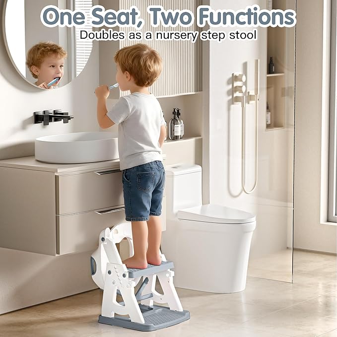 Potty Training Seat, 2 in 1 Potty Training Toilet with Step Stool for Boys Girls, Toddler Toilet Seat with Stabilizer Bar, Anti-Slip Pads and Splash Guard, Grey