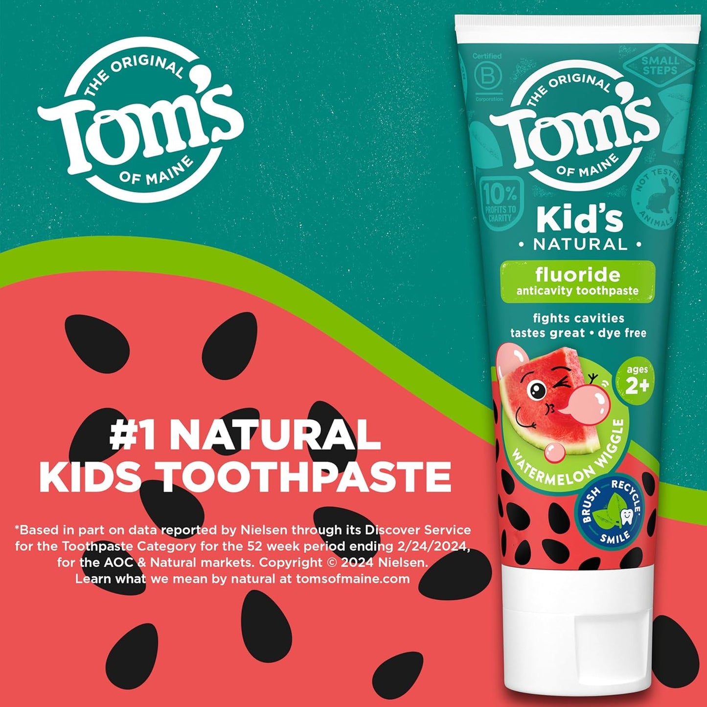 Tom’s of Maine Watermelon Wiggle Kids Toothpaste with Fluoride, Kids Natural Toothpaste, For Children Ages 2 and Up, Helps Prevent Cavities, 5.1 Oz 3 Pack