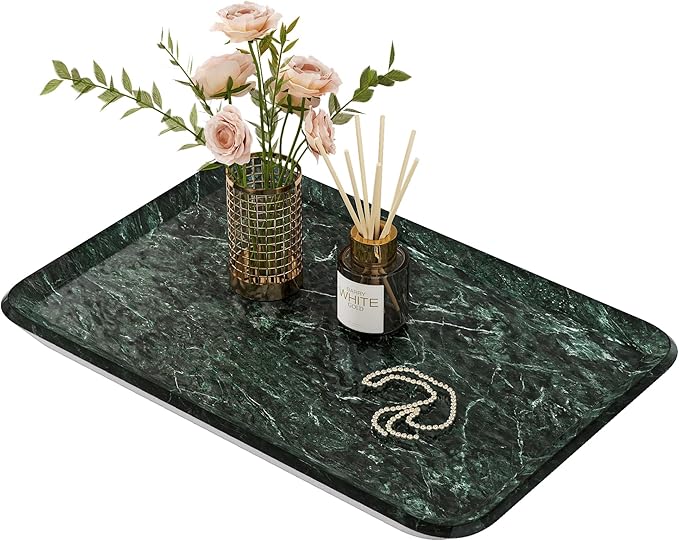 Vanity Decorative Tray, 12" x 8" Green Marble Pattern Perfume Tray, Bathroom & Countertop Organizer for Soap, Jewelry, Candle