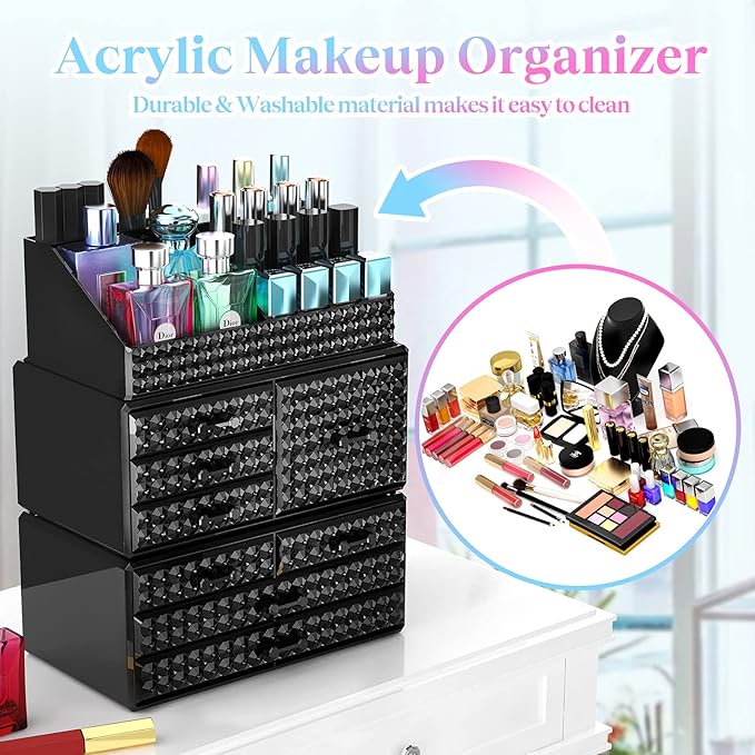 3 Pack Makeup Organizer Stackable[Upgraded], Acrylic Cosmetics Storage Cases with 8 Drawers Perfume Organizers For Brush Holder or Jewelry Display,Plus Size,Best For Vanity,Bathroom or Countertop