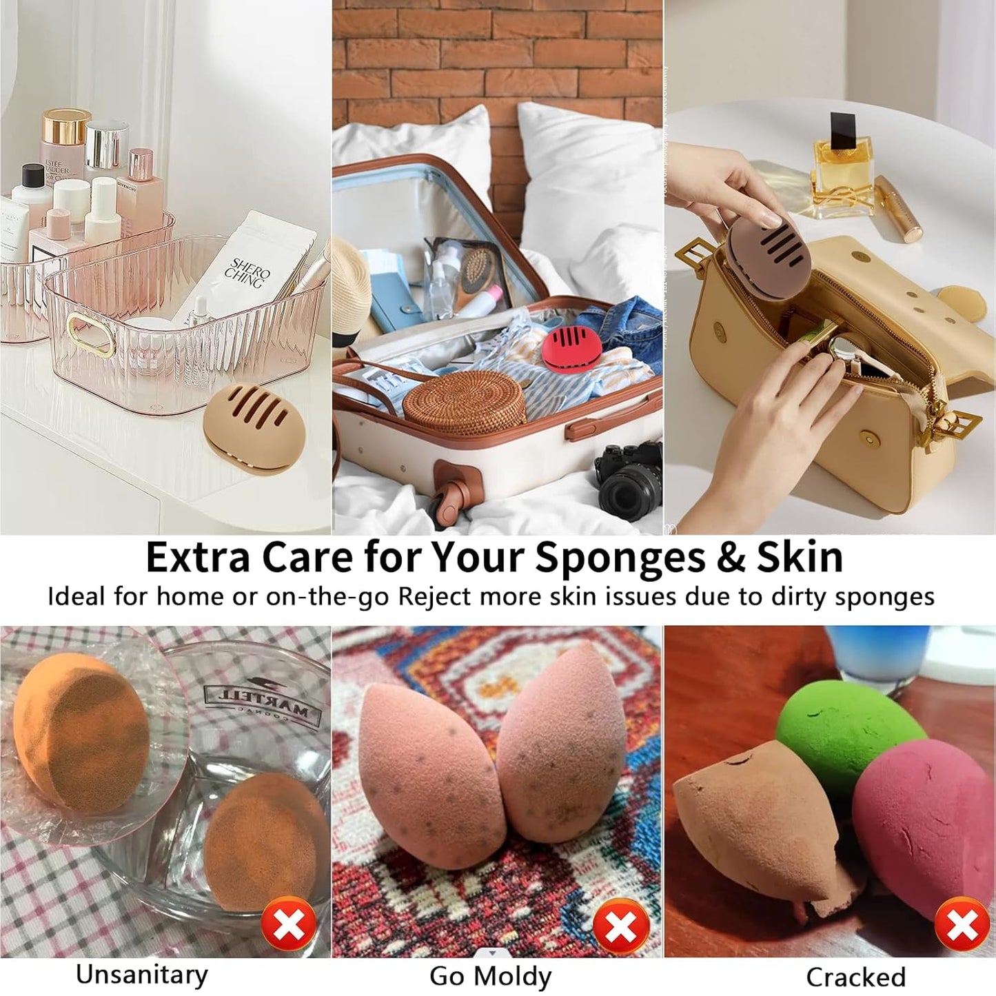 Makeup Sponge Holder,Double-sided Stripe Vented Silicone Beauty Blender Holder for Travel,Shatterproof Make Up Sponge Travel Case for All Sponges Sanitary Reuse Easy to Carry,Coffee