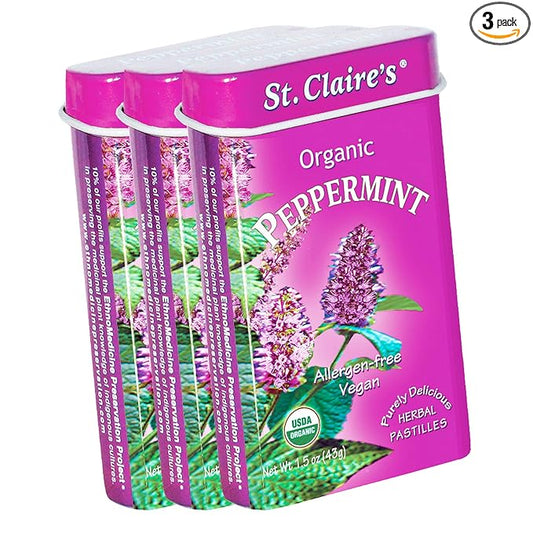 St. Claire's Organic Breath Mints, (Peppermint, 1.5 Ounce Tin, Bundle of 3) | Gluten-Free, Vegan, GMO-Free, Plant-based, Allergen-Free | Made in our Allergen-Free facility
