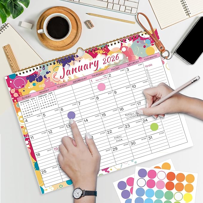 2026 Calendar, Wall Calendar 2026-2027, 18 Month Calendar January 2026 - June 2027, 14.8" X 11.5", Calendar with Twin-Wire Binding, Hanging Hook and Julian Dates (Multi Colorful)