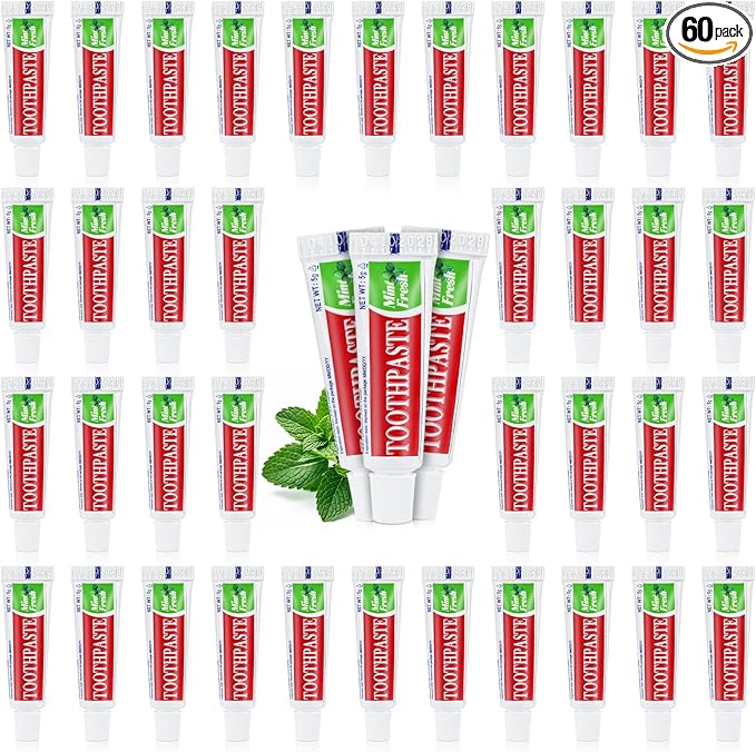 60 Tubes Travel Size Toothpaste in Bulk, Disposable Mini Mint Compact Small Pocket Size Essential Toothpaste for Vacation Hotel Shelter Homeless Nursing Home Charity Camping Single Use 0.17 oz/ 5g