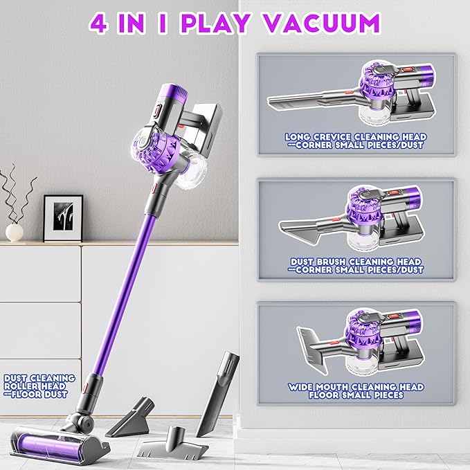 4-in-1 Kids Toy Vacuum That Really Works, Toddler Pretend Play Cleaning Set with Real Suction, Toys Working Cleaner Birthday Idea for 3 4 5 6 7+ Year Girl Boy (Purple)