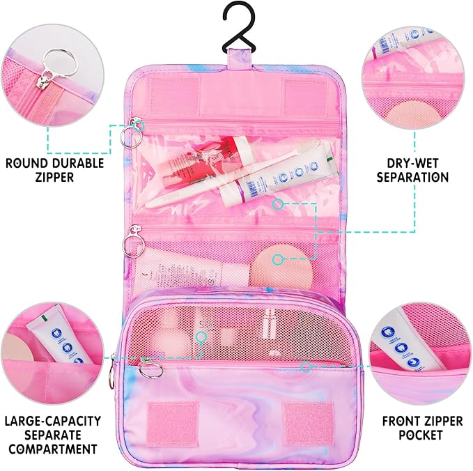 Pink Hanging Toiletry Bag for Girls, Travel Toiletry Bag for Teen Girls Cosmetic Makeup Waterproof Wash Bag Traveling Toiletries, Fluid