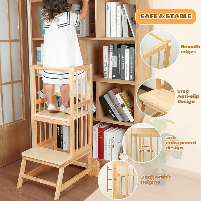 Toddler Tower, Kids Kitchen Step Stool with Safety Rails, Toddler Standing Tower Adjustable Height, Wooden Kitchen Stool for Kids, for Living Room Countertops and Bathroom Sinks(Natural)
